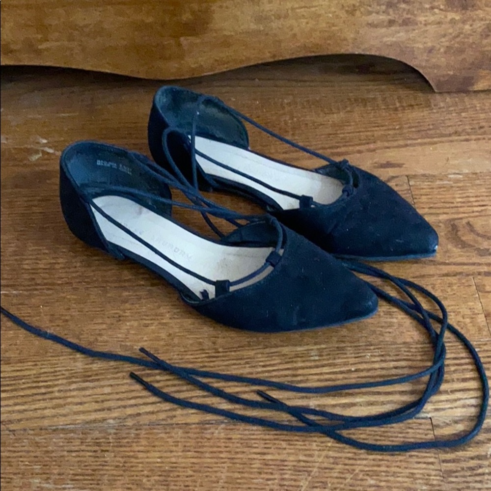 black lace up pointed toe flats
